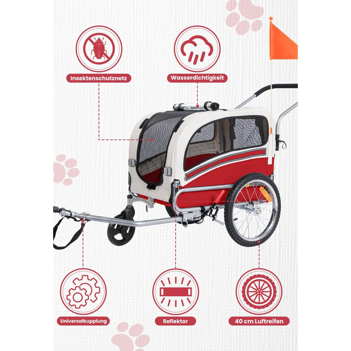 SEPNINE® Причеп для собак на велосипед, 2-в-1, для тварин до 30 кг, червоний