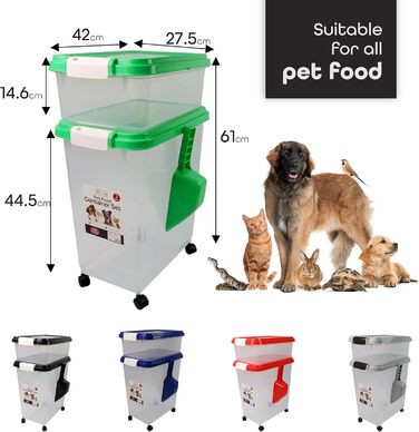 DIVCHI Контейнер для зберігання корму для тварин, 3 шт. з мірною ложкою, для собак, котів, корму, з роликами, зелений