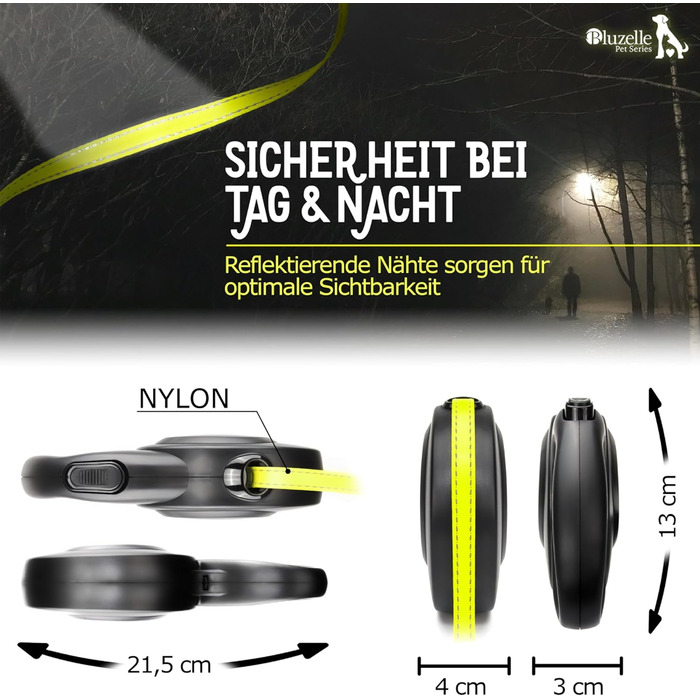 Рулетка для собак Bluzelle 8м, до 50кг, Neon-Yellow, з металевим карабіном 360°, зручний гумовий хват, стопорна система