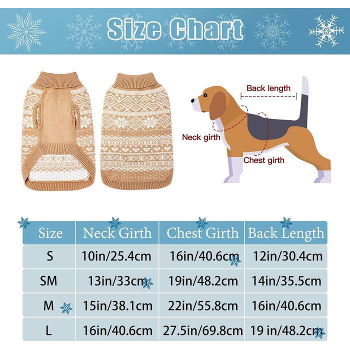 Теплий зимовий пуловер для собак та котів Bingpet з мотивом сніжинок, бежевий (L)
