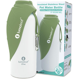 LumoLeaf Ізольована термофляга для собак, 800 мл - Зберігає воду холодною або теплою годинами, міцна та портативна для подорожей, широке горлечко для зручного наповнення та миття (Зелена, 800 мл)