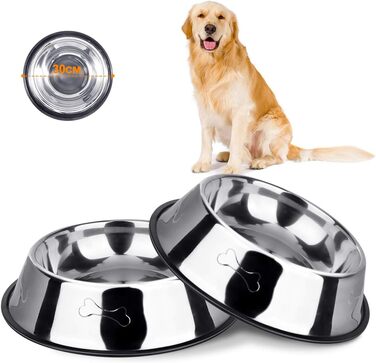 Миски для собак з нержавіючої сталі, 2 шт. - неслизька основа, для корму та води, середніх та великих собак, срібні