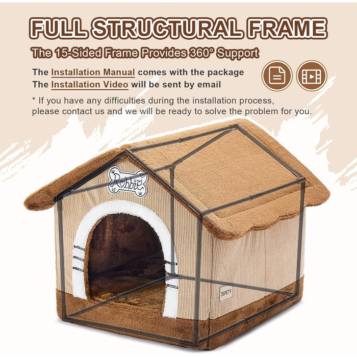 Будка для собак Jiupety, XL, 51x46x46 см, коричнева. Зручне ліжко-будка для собак вагою 7-14 кг, для дому
