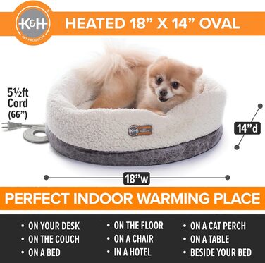 Обігріте термоліжко для котів K&H PET PRODUCTS, кругле велике сіре ліжко для котів та маленьких собак, для дому, 35,6x45,7 см