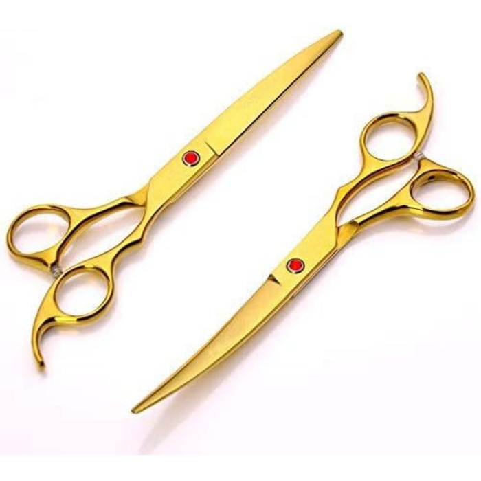 Професійні ножиці для собак 7 дюймів, набір 4 шт. (прямі, вигнуті, розріджувачі), чорний/золотий