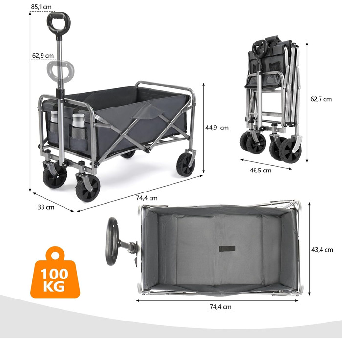 Візок Bonnlo для перевезення вантажів, 100 кг, 600D Oxford, сталевий каркас, 74,5×45,5×84 см (сірий)