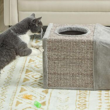 PawHut тунель для котів з іграшкою, складаний ігровий тунель із сизалю, котяча хатка, комбінований дизайн, коричневий+сірий, 98x30x30 см