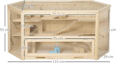 Клітка для дрібних тварин PawHut з рампою, гойдалкою та відкидною кришкою, 115 x 60 x 55 см, натуральне дерево та PS пластик