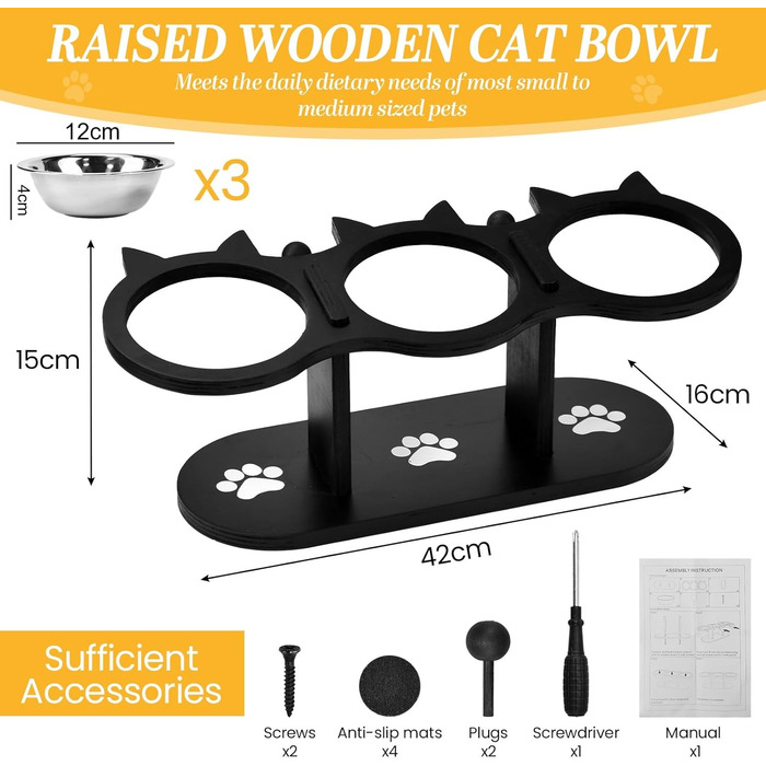Набір мисок для котів 3 шт. з нержавіючої сталі, підняті миски для котів та маленьких собак, дерев'яна годівниця для котів, чорний колір
