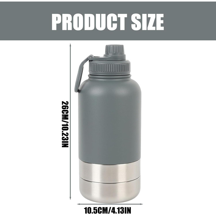 Турбунок для собак на ходу 950 мл – ізольована сталева фляга для води з мискою для їжі та води, портативна фляга для собак без BPA для подорожей, прогулянок та активного відпочинку (Сірий, L)