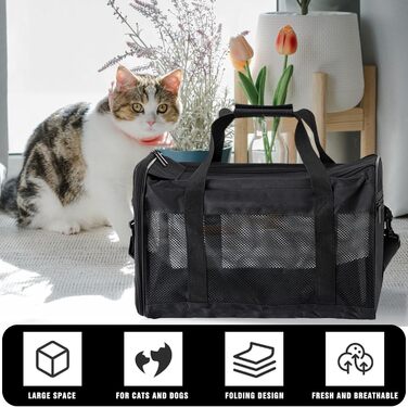 Транспортна сумка для кота та собаки, складана переноска для тварин, переноска для маленьких собак та котів, переноска для собак з регульованим плечовим ременем, переноска для кота в авто, літак та поїзд (чорний, M)