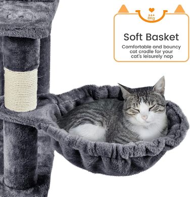 Великий котячий дряпак Yaheetech XXL 175 см, для 3-4 котів, стійке дерево з сизалевими стовпами, платформами, кошиком, гамаком і плюшевою іграшкою, темно-сірий