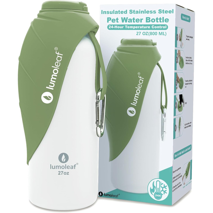 LumoLeaf Ізольована термофляга для собак, 800 мл - Зберігає воду холодною або теплою годинами, міцна та портативна для подорожей, широке горлечко для зручного наповнення та миття (Зелена, 800 мл)
