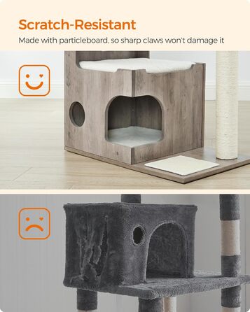 Котячий комплекс Feandrea WoodyWonders UPCT070G01, 86 см, сучасний котячий будинок-турнікет з 3 сидіннями, кігтеточка, мат, будиночок, 4 знімні пральні подушки, сіро-білий