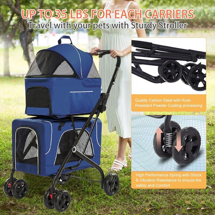 Дитяча коляска для собак 4-в-1, блакитна: для малих/середніх собак, з сумкою-переноскою, для 2 собак/кішок