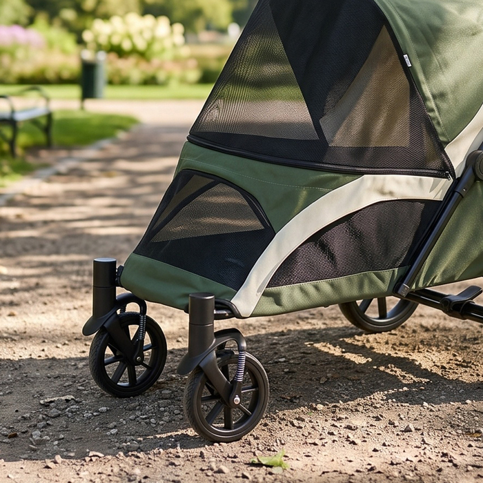 Складаний візок для собак середніх порід, прогулянковий buggy для домашніх тварин на 4 колесах із гальмами та страховим повідцем, темно-зелений