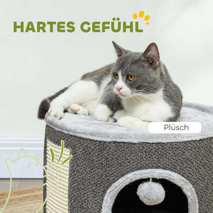 Когтеточка-башта PawHut 30 см, тонка, з будиночком для кота, кремово-біла, сизалева, для котів до 5 кг