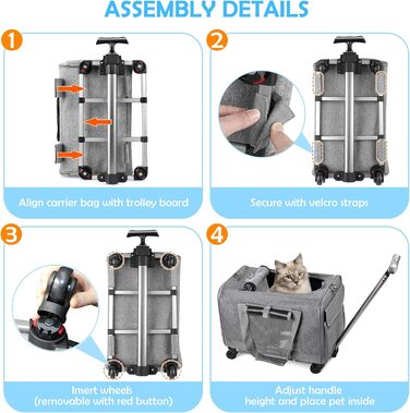 Переноска для тварин ALLSOPETS з колесами для котів та собак, схвалена для авіаперельотів, з висувним ручками, знімними колесами та плечовим ременем, портативна сумка для маленьких тварин (сіра)