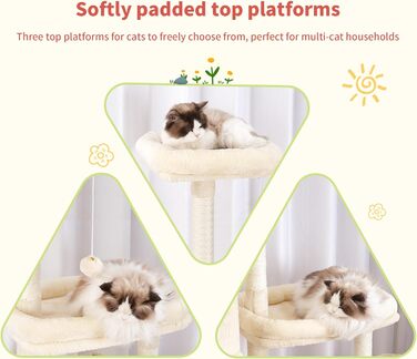 Котячий будиночок Hey-brother Kratzbaum з подовженою частиною, широкими платформами, затишними печерами, гамаками, сизалевими стовпчиками та м'ячиком для котів, 178 см, MPJ038W (Бежевий)