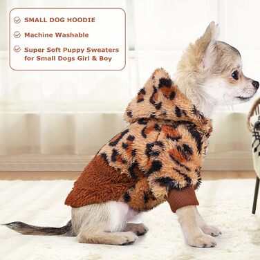 Світшот для собак з капюшоном з флісу, теплий одяг для маленьких собак, цуценят, Чихуахуа, Йоркширського тер'єра, котячий одяг (леопард, розмір XXS)