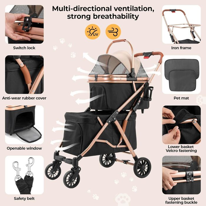 MAMIZO Подвійний візок для собак, переноска для тварин до 15 кг, складаний двоярусний візок для собак, котячий візок на 2 яруси з 4 зносостійкими колесами PU, чорний