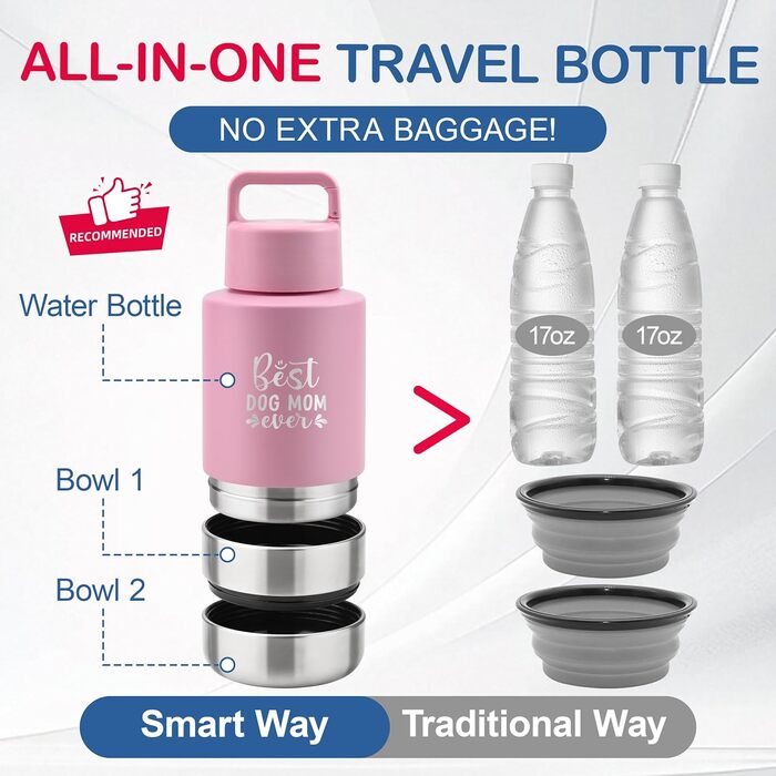 KEWIXY Водяна пляшка для собак з мисками, 3-в-1, для прогулянок, подорожей, кемпінгу, Outdoor (Рожевий, 907.2 мл)