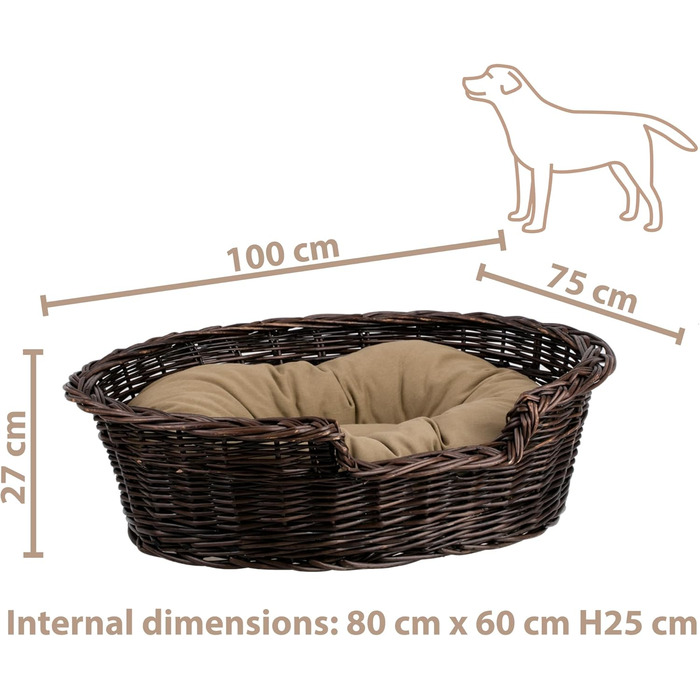 Корзина для собак та котів з плетеної лози e-wicker24 – зручне ліжко для тварин (100 x 70 см, темно-коричневий)