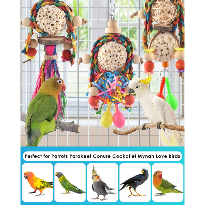 Іграшка для папуг Bissap Conure, 3 шт., підвісна іграшка для папуг, соляні кульки з піщаним молотком для маленьких папуг, хвилястих папужок, корел, амадин, для розвитку та пошуку корму