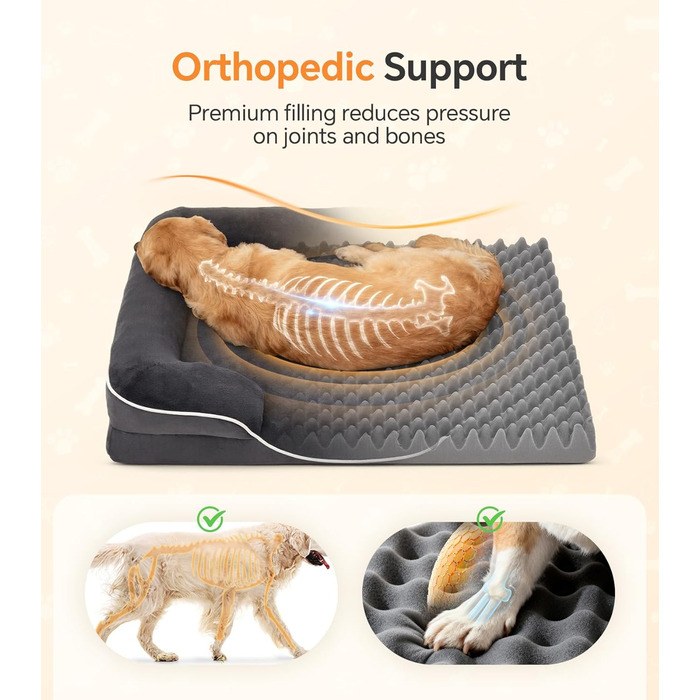 Ортопедичне ліжко для собак великого розміру, м'яке плюшеве, з антиковзною основою, для собак та котів, сіре, 89x63x16 см, знімний чохол