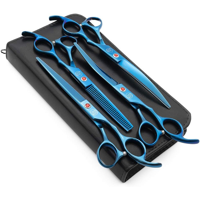 Професійний набір для стрижки собак Moontay: 4 ножиці (пряма, вигнута вгору, вигнута вниз, фінішна) з JP нержавіючої сталі, 17.8 см (7 дюймів), блакитний