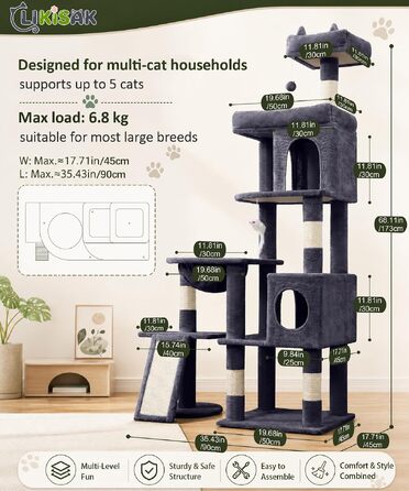 Комплекс для котів Kratzbaum XL 173 см, сірий: кігтеточка, будиночки, майданчики, кошик