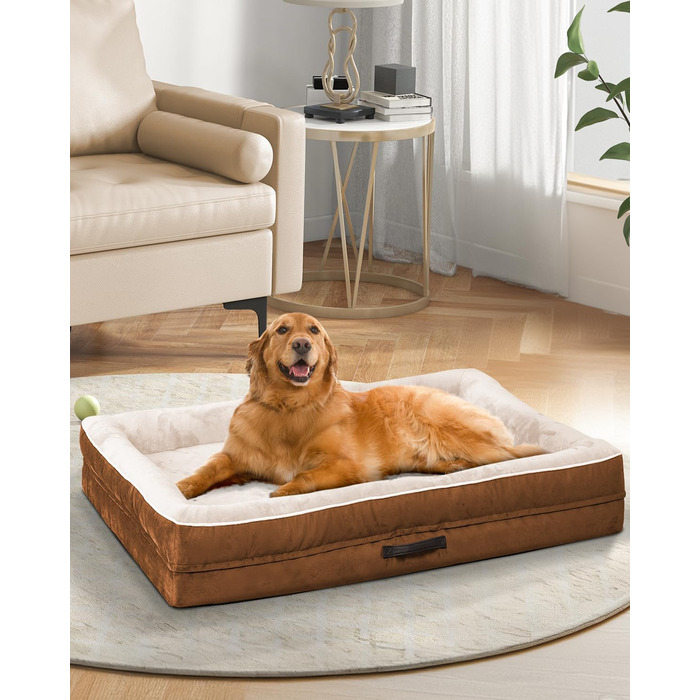 Ортопедичне ліжко для собак великих порід, корзина для собак, що можна прати, з піною у формі яйця, водовідштовхуване ліжко для собак з неслизьким дном та чотиристоронні подушки (колір: коричневий, розмір: 91x61x18 см)