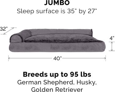 Крісло-лежанка для собак великих порід FurHaven з підголовником та знімним чохлом, плюш та оксамит, L-подібне, сірий колір, Jumbo/XL, 102 x 81 x 20 см