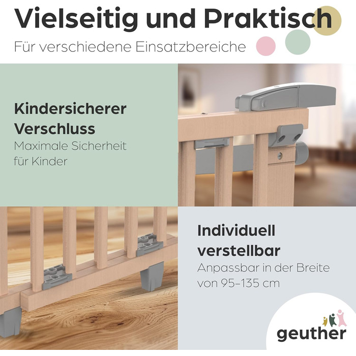 Захист для сходів Geuther Oris | Дверний захист для сходів з кріпленням, 2 клямки для поручнів, ширина регулюється | Стабільне дерев'яне дитяче ворота, натуральний лак (натуральний, 95-135 см)