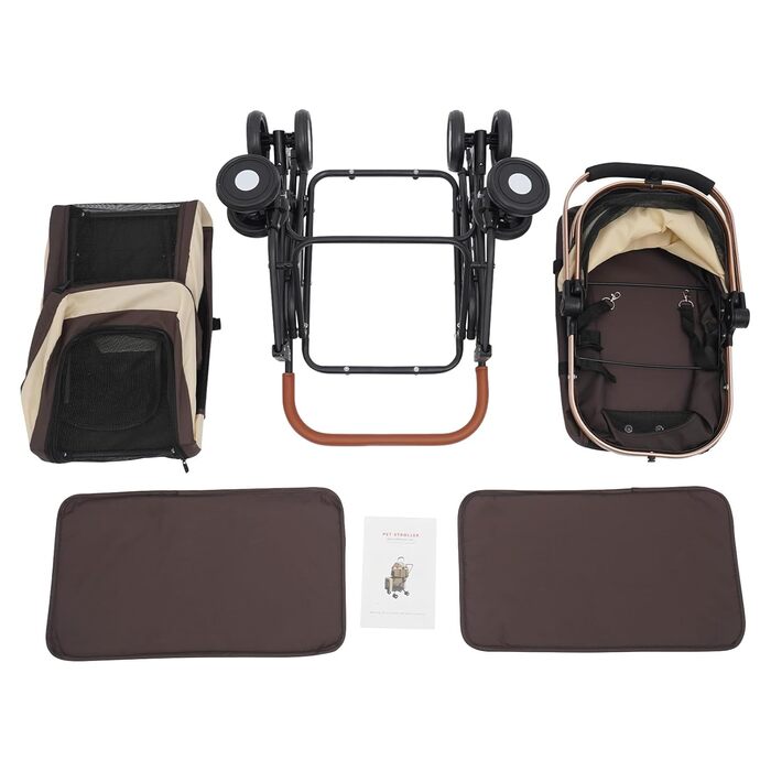 Візок для собак та котів 3 в 1, до 35 кг, складаний, з переносною сумкою та сітковими віконцями (колір кавовий)