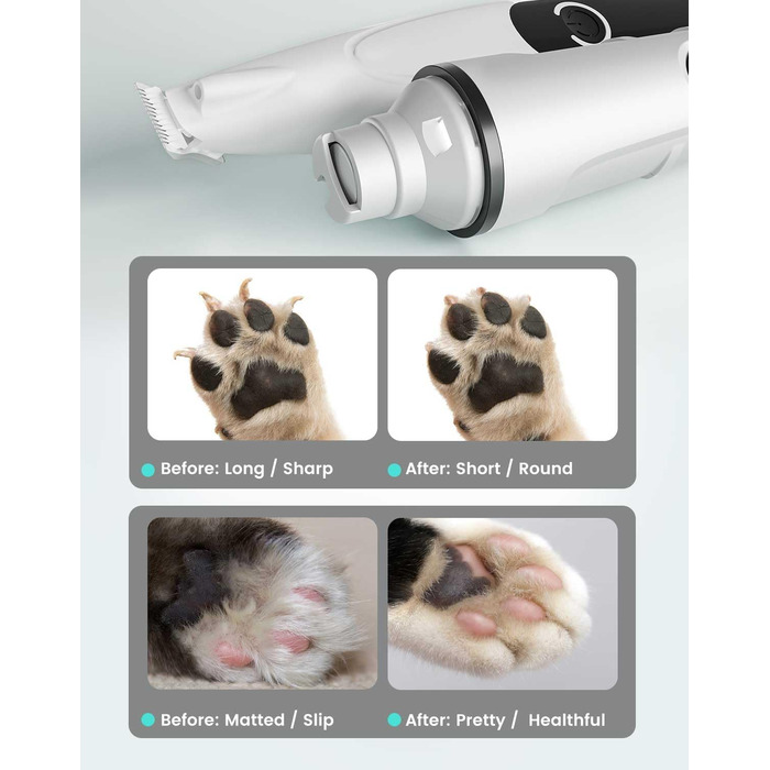 PAPMINI 2-в-1 триммер для когтів та стрижка когтів для собак, безшумний, акумуляторний, для великих, середніх та маленьких собак, білий