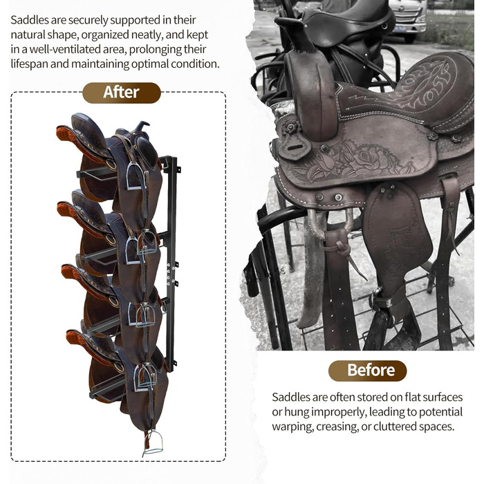 Стійка для сідел TOPTGO з 4 рівнями, настінна, для зберігання західних та англійських сідел – міцна сталева стійка, витримує до 136 кг, для збруї, підкладки, аксесуарів тощо