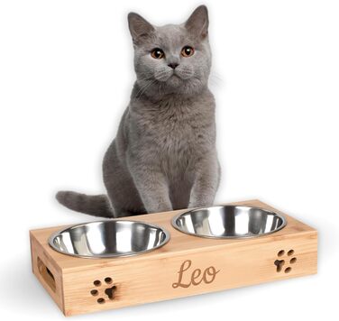 Кормушка для котів LAUBLUST з іменним гравіюванням - Натуральне дерево | 31x15x6 см - 2 миски з нержавіючої сталі (0,35л кожна) | Підвищена годівниця для котів | Сріблясті миски для котів