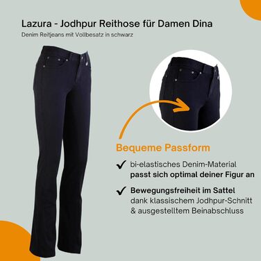 Лазура - жіночі рейтузи Джодхпур Діна | Джинсові рейтузи з повним обтиском | Дихаючі та еластичні рейтузи з повним обтиском | Джинсові рейтузи з 5 кишенями | Рейтузи для верхової їзди в 3 кольорах | Розміри 36-46 (46, Чорний)