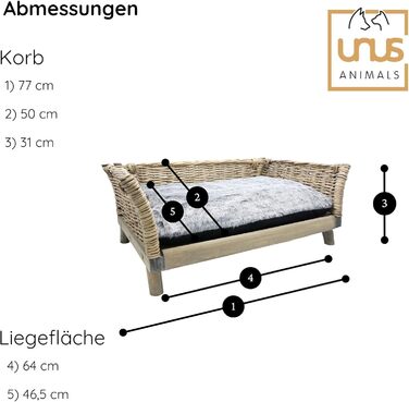 Собаче ліжко UNUS з ротангу, кутовий диван для собак L 80 x W 50 x H 30 см, знімний поліестерний подушка, підходить для всіх порід собак