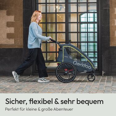 Причіп для велосипеда Qeridoo QUPA 1 з листковою підвіскою, складною кабіною, розширюваним сидінням, візок-причіп, регульована ручка, 5-точкова система ременів безпеки, для 1 дитини (Lime)