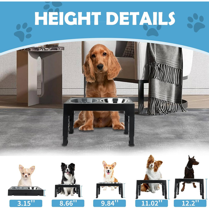 Підвищені годівниці для собак JumeiYoupin - набір з 3 шт. (2 з нержавіючої сталі, 1 для повільного годування) - 5 рівнів висоти - зменшують навантаження на шию - неслизькі годівниці для собак будь-якого розміру та котів