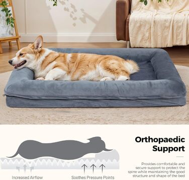 Велике собаче ліжко, водовідштовхувальне, ортопедичне, знімний, пральний чохол, неслизьке дно, котяче ліжко з піною з пам'яті для зменшення тривоги, преміум-фланель, 91x68x16 см, темно-сірий