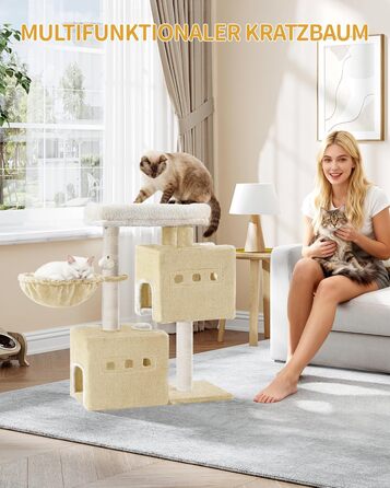 Дерево для кігтів Hzuaneri Kratzbaum 75 см, стійкий, з великою лежанкою, гrottoм, сизалевими стовпами, кошиком та іграшками, меблі для котів, MS07618LG (55 x 30 x 75 см, бежевий)