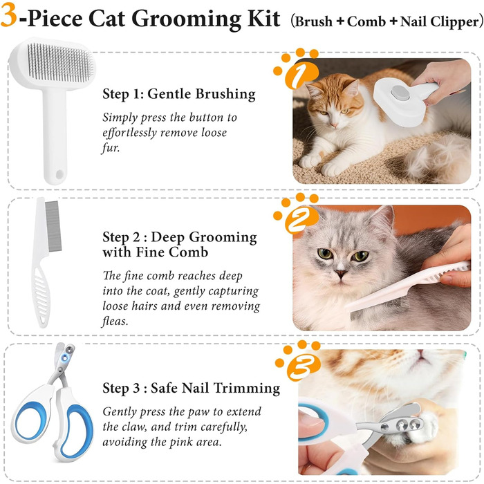 Набір для догляду за тваринами Okiki 3 в 1: щітка для собак і котів, ножиці для обрізання кігтів, гребінець від бліх – для довгої та короткої шерсті, сумісний зі шкірою