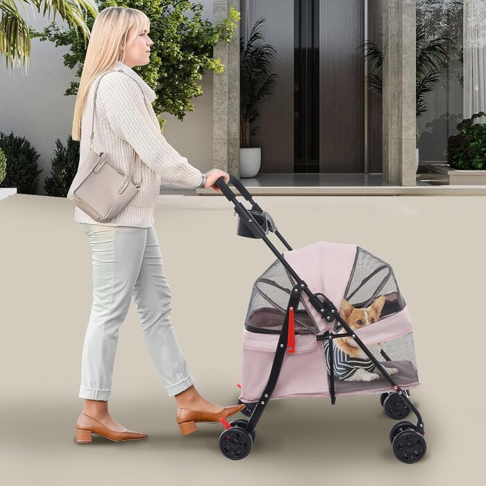 Складаний візок для собак, вантажопідйомність 18 кг, для маленьких собак та котів (рожево-сірий)