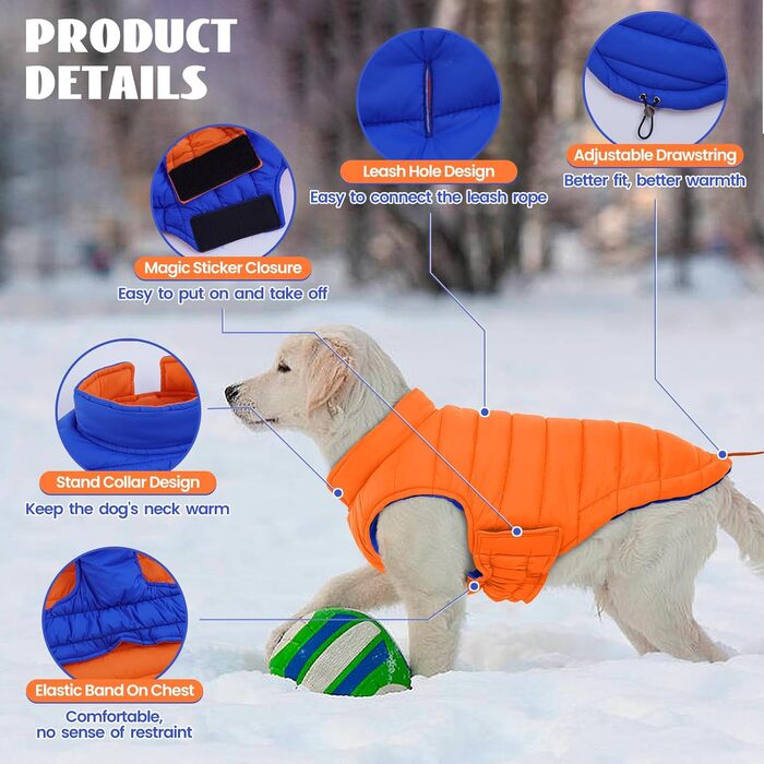 Зимовий теплий водонепроникний одяг для собак великих порід Lelepet, вітрозахисна куртка з клямками, оранжевий/синій, 3XL