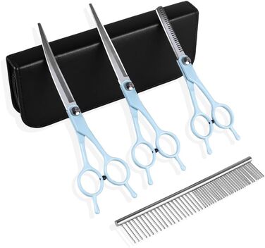 Набір професійних ножиць для грумінгу собак та котів 5-в-1, нержавіюча сталь, з гребінцем для догляду за шерстю, блакитний