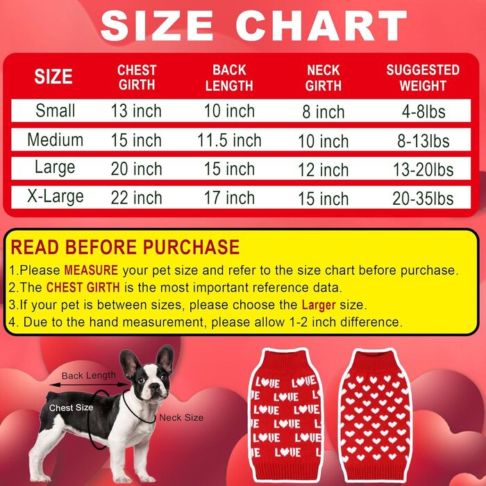 Набір з 2 пуловерів для собак на День святого Валентина, одяг для собак на День святого Валентина, в'язаний пуловер у вигляді серця для маленьких, середніх та великих собак, домашніх тварин (червоне серце та червоне кохання, розмір M) Червоне серце та чер