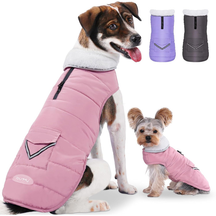 Водонепроникний теплий зимовий одяг для собак iBuddy - тепла флісова жилетка, відбиваючий елементи, регульований, для великих собак, рожевий, розмір L